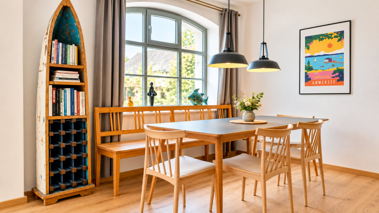 SEEZEIT Ferienwohnungen am Mühlbach – Apartment mit 2 Schlafzimmern: Essbereich mit Holztisch und Bücherregal im Bootsdesign