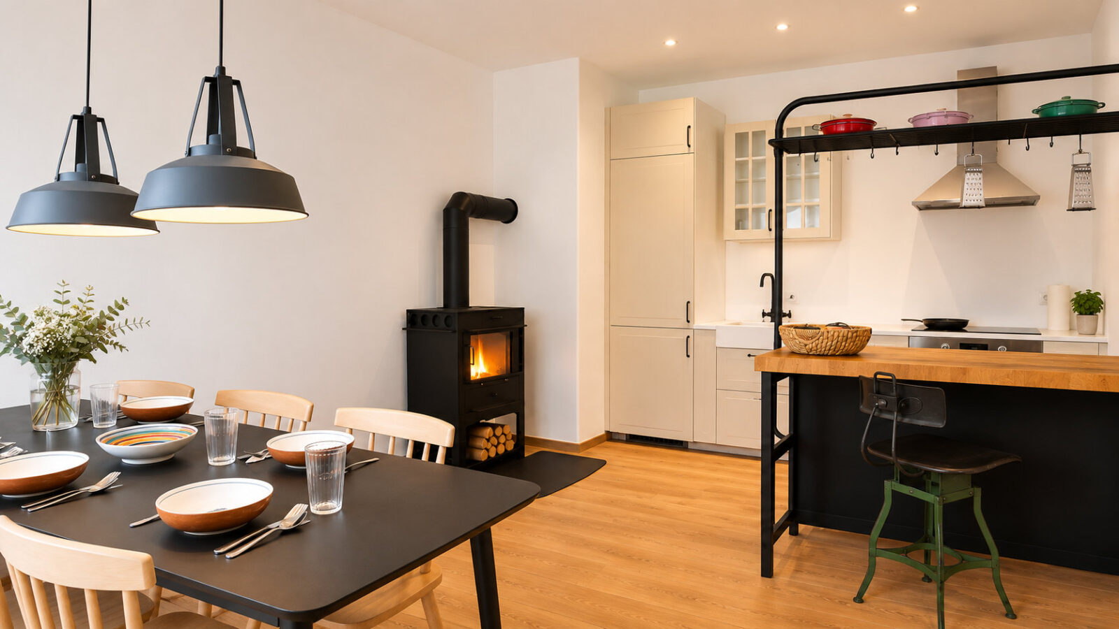 SEEZEIT Ferienwohnungen am Mühlbach – Apartment mit 2 Schlafzimmern: Gedeckter Esstisch mit Kaminofen und Küche