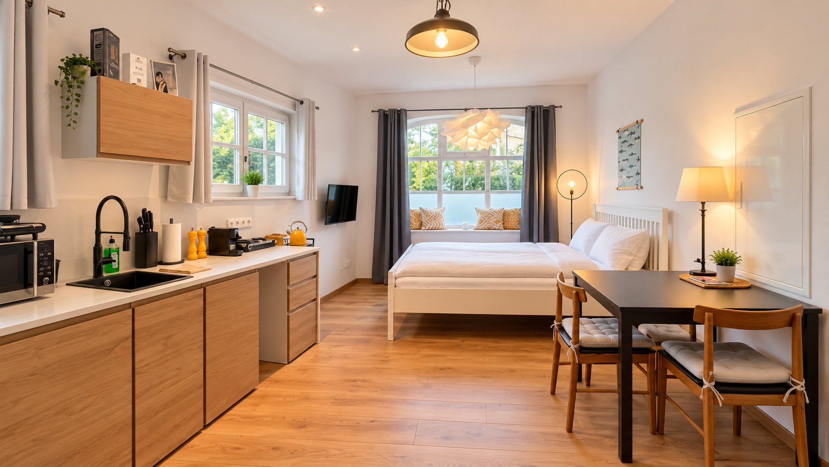 SEEZEIT Ferienwohnungen am Mühlbach – Studio Apartment: Studio mit Wohn-, Schlaf- und Küchenbereich