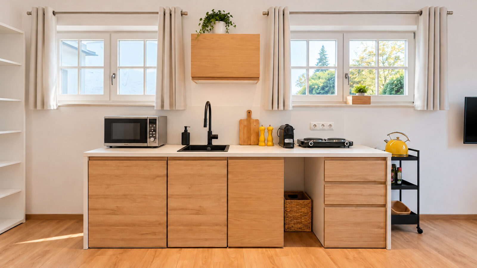 SEEZEIT Mühlbach Studio – Küchenzeile mit Mikrowelle und Kochfeld SEEZEIT Ferienwohnungen am Mühlbach – Studio Apartment: Küchenzeile mit Mikrowelle und Kochfeld