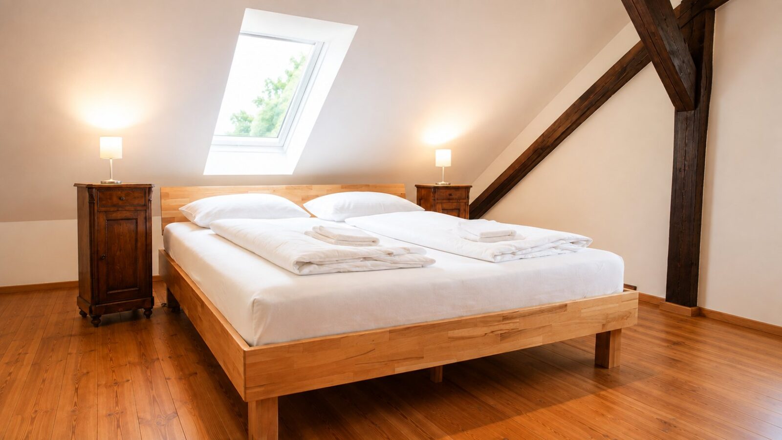 SEEZEIT Zinnmanufaktur – Schlafzimmer mit Doppelbett und Dachfenster SEEZEIT Ferienwohnung an der Zinnmanufaktur: Schlafzimmer mit Doppelbett und Dachfenster